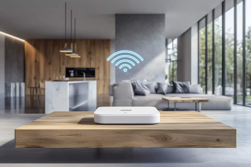 Appareil connecté sur table en bois avec signal Wi-Fi lumineux, dans un salon moderne ouvert avec cuisine et canapé.