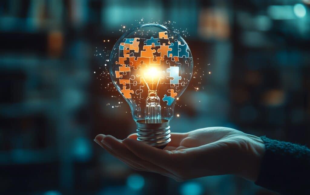 Main tenant une ampoule brillante remplie de puzzles bleus et oranges, symbole d'une idée, d'une solution créative ou d'innovation.