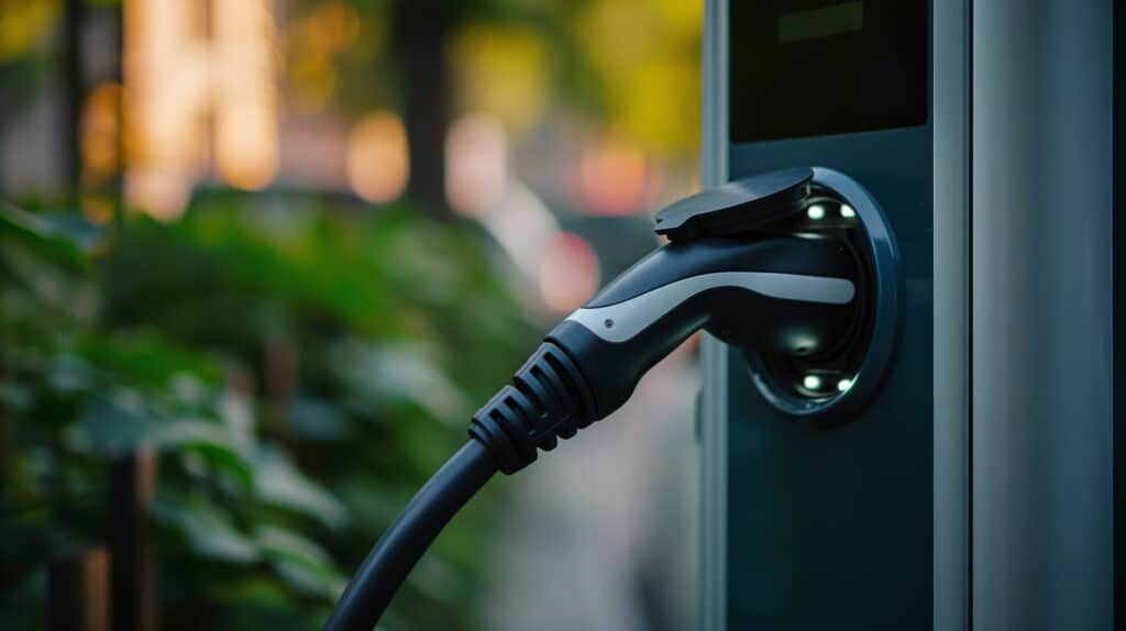 Prise de recharge d'un véhicule électrique connectée à une borne, lumières activées. Arrière-plan flou de verdure et lumières.