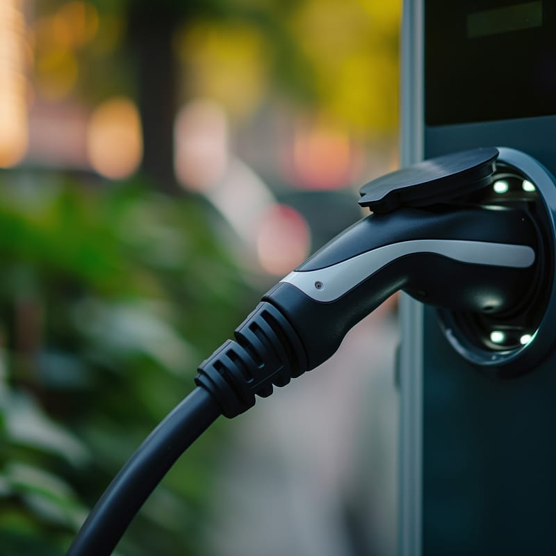 Prise de charge d'un véhicule électrique branchée à une borne de recharge extérieure, avec un arrière-plan vert flou.