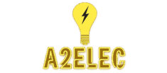 Logo A2ELEC jaune avec ampoule et éclair noir, texte stylisé pour services d'électricité.